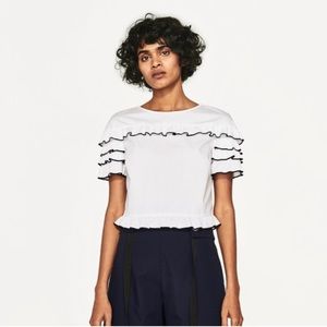 Zara Basic White Ruffled Poplin Crop Blouse with Black Trim Size M